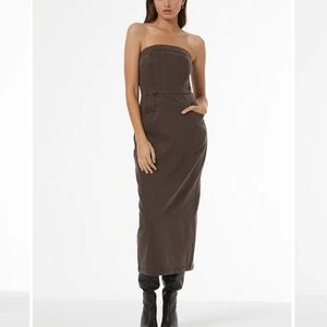 Young fabulous and broke brown denim strapless midi dress